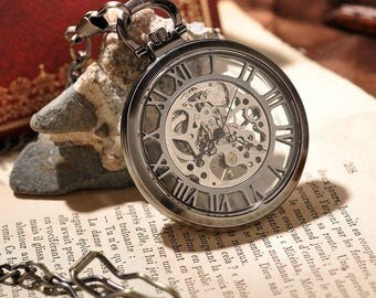 Skeleton Mechanical Analog Pocket Watch With Necklace Chain
