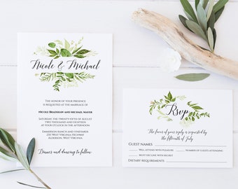 Greenery Wedding Invitation Template, Greenery Invitation, Invitation Suite Template, Spring Wedding Invitation, Invitation Set Template