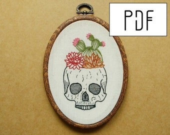 Cactus and Succulent Skull Planter Hand Embroidery Pattern (succulent embroidery - cactus embroidery) (PDF modern embroidery pattern)