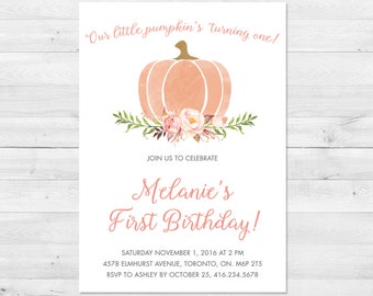 First Birthday Invitation Girl, Little Pumpkin, Fall Birthday Invitation, Floral, Watercolor
