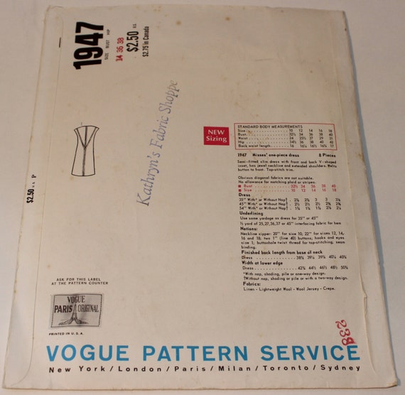 Vogue Paris Original Sewing Pattern 1947 by Molyneux