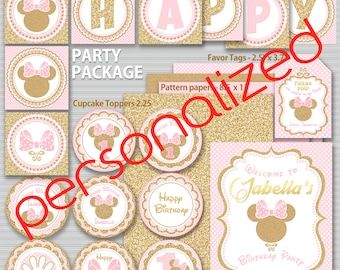 Pink and Gold Minnie Mouse Birthday Party Package, First, 2nd Birthday Decoration, 3rd, Gold Glitter, Polka Dot invite, Girl, Printable pack