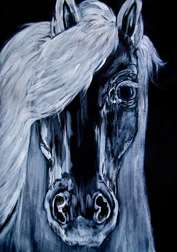 Black and White Horse Painting . Canvas or Print . 3.5x5