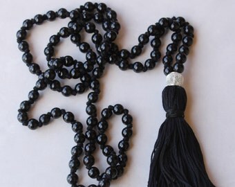 Knotted Long Mens Mala Necklace - Prayer Bead with Silver Lantern Guru Bead and Black Tassel
