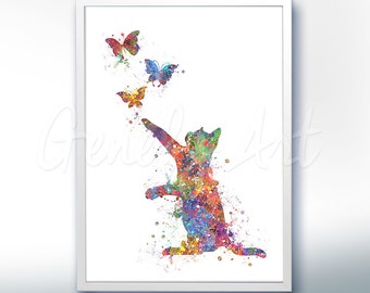 Cat and Butterflies Watercolor Art Print - Watercolor Painting - Cat Watercolor Art Painting - Cat Poster - Home Decor -House Warming Gift