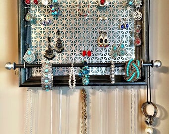 Jewelry Organizer for Wall /Jewelry Storage with Multiple Hooks for Hanging Bracelets/Earrings/Bracelet Holder in Black Turquoise And Silver