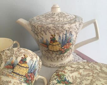 Reduced !! Beautifull Crinoline Lady tea set / morley ware england / gold chintz crinoline lady