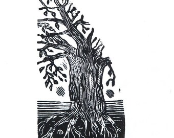 Tree print, small print, tree engraving, black and white print