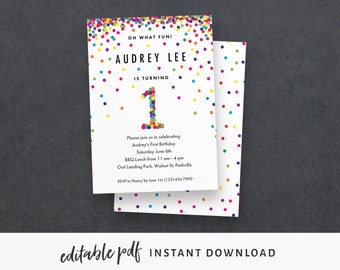 Rainbow 1st Birthday Invitation Editable PDF Instant Download. Cute colorful confetti invites for boy or girl's first birthday party!