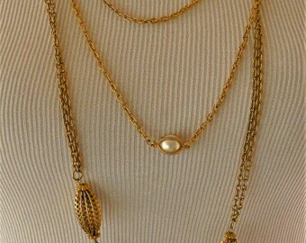 Vintage Multi Strand Faux Pearl Necklace 41", Flapper Style, Long Necklace, Gold Tone, Costume Jewelry