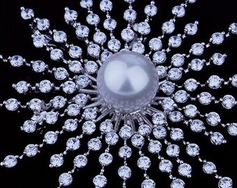 Sparkling White Shell Pearl Domed Cosmos Atomic CZ Brooch Silver Tone
