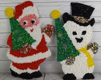Vintage Melted Plastic Popcorn Plastic Christmas Decoration Santa & Snowman 18"