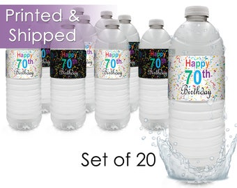Happy 70th Birthday Water Bottle Labels - Milestone 70th Party Favors - Celebrate Turning 70 Years - 70th Decor Peel and Stick - (Set of 20)