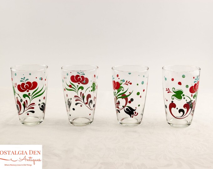 Vintage Glass Tumblers | 12 Oz PA Dutch Style Folk Art Glasses | Set of 7