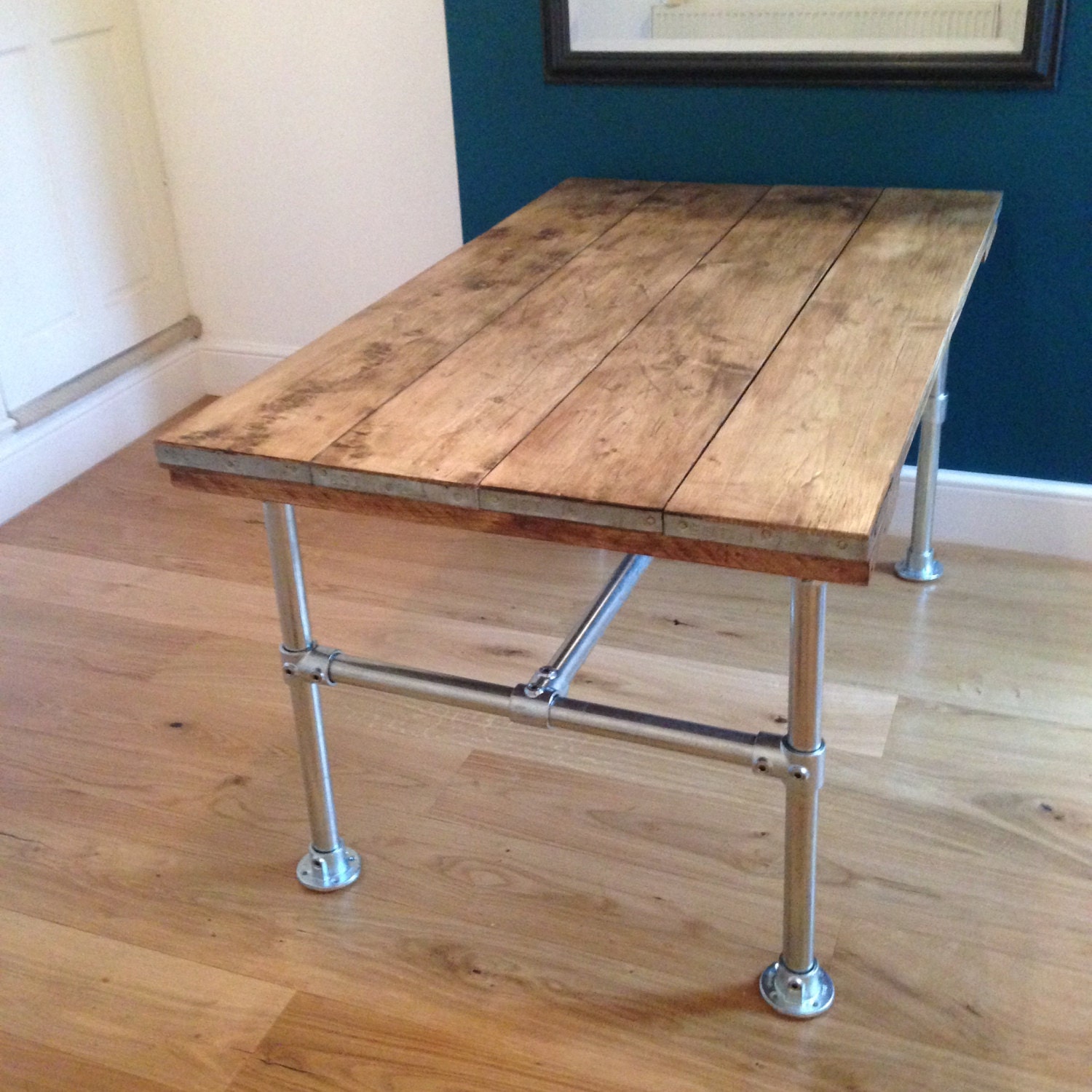 industrial dining table scaffold board top with galvanised