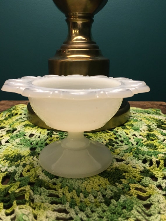 Vintage Milk Glass Bowl Lace/ Scalloped Edge Pedestal Bowl/
