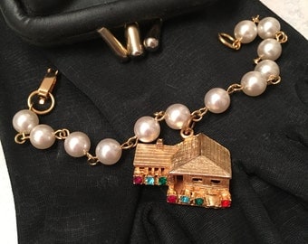 SIGNED Hobco House of Borvani Bracelet, Rare Hobco House of Bordani Faux Pearl Bracelet, Gold Hobco Charm Bracelet, Faux Pearl Bracelet