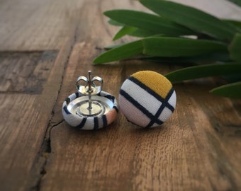 Geometric Earrings. Mustard, Pink, Navy Blue, Grey Earrings. Fabric Button Earrings. Handmade Earrings. Stud Earrings. Clip On Earrings.