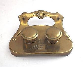 Vintage Art Nouveau Brass Inkwell with two pots