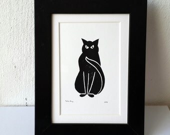Black cat linocut, linoprint, black kitty, nursery decor, wall decor, print art, pet cat, art postcard, cat print, cat breed, collectible