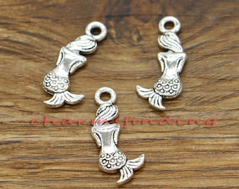 50pcs Mermaid Charms 2 Sided Little Mermaid Ocean Charms Antique Silver Tone 17x8mm cf0318