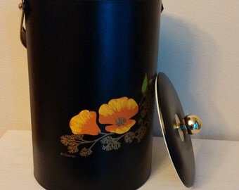 Vintage Couroc Ice Bucket, Tall Couroc Ice Bucket, Black Ice Bucket with Orange Flowers, Vintage Ice Bucket