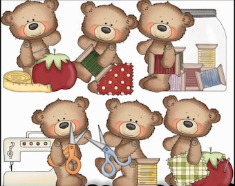 Sewing Clipart - Bear Clipart - Tag Clipart - Instant Download - Button Bears Sewing - Commercial Use