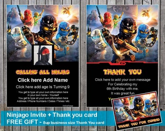 Ninjago Birthday Invite. Add your OWN PHOTO and Thank You Card + FREE gift = A4 page with 8 business card size Thank you for coming message