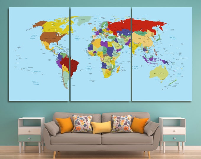 Large push pin map canvas, world map push pin, Personalized Executive World Travel Map with Pins, Travel Map Colorful pin world map canvas