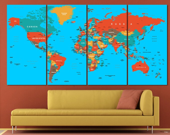 Large red and blue push pin world map with borders and conutry names, push pin world map canvas wall art colored push pin world map canvas