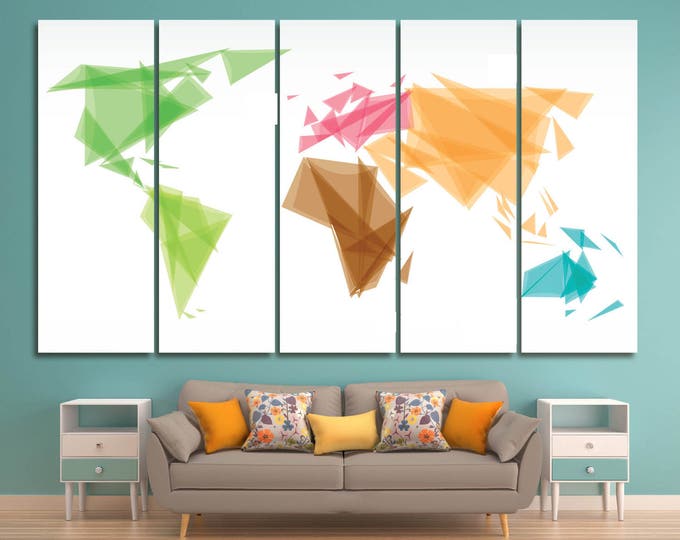 Large Geometric colorful world map Poster art Canvas Set 3 or 5 Panels Abstract world map Canvas Wall Art for Home & Office Decoration