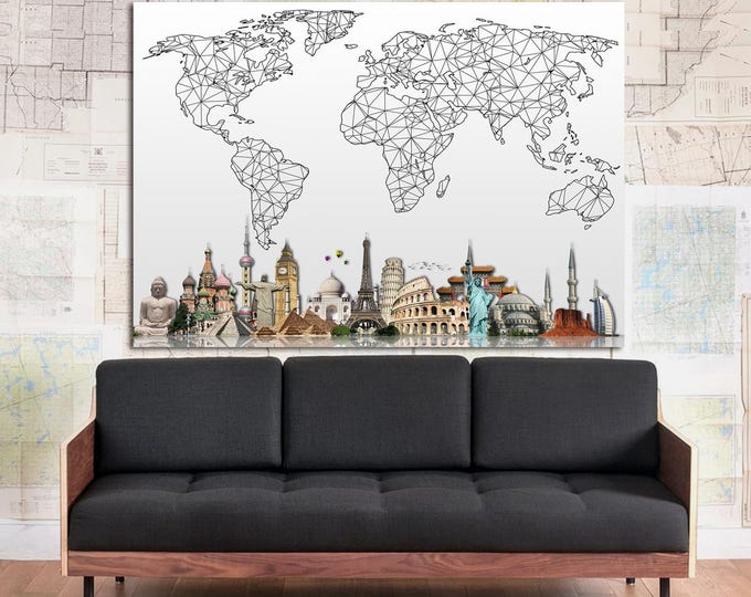 Extra large abstract world map wall art canvas print, geomentric map of the world with sights poster on canvas print set of 3 or 5 panels