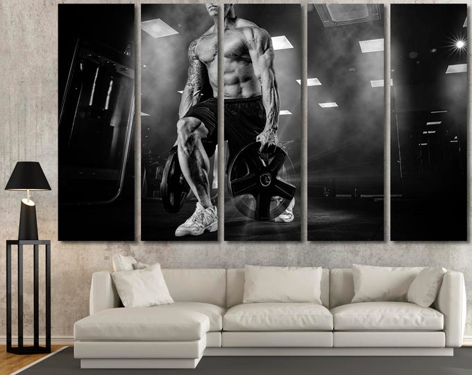 Black and white gym decor motivational wall art fitness studio wall art canvas print, fitness motivational canvas print set of 3 or 5 panels