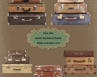5 Stacked Vintage Suitcase Prop Overlays, High Resolution, Instant Download.