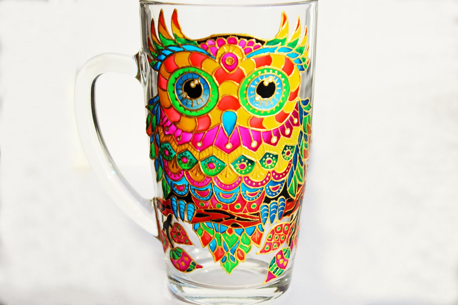 Owl Mug Big mug Personalized Glass Mug Hand Painted owl Lover