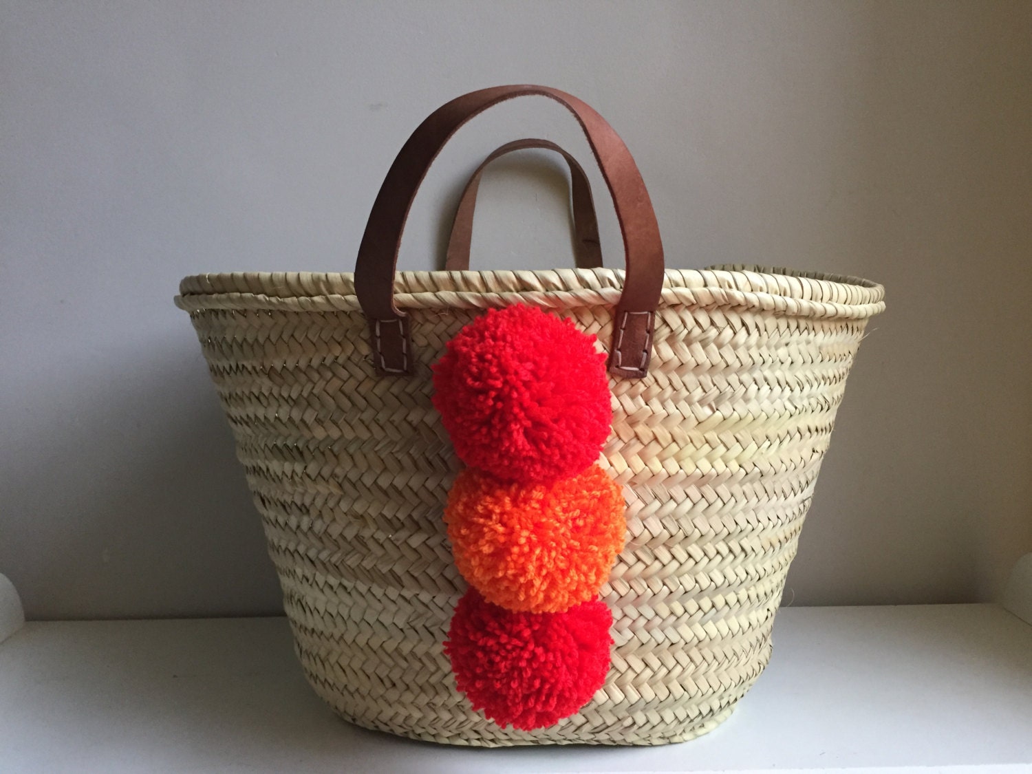 ORANGE CRUSH Straw Basket / Beach Bag with hand crafted pom