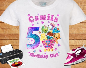 Any Name and Numeral T-shirt Birthday Girl. Shopkins Birthday Shirts. Birthday Party. Iron on Transfer. Family Shirts. Printable. 5.
