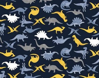 Dear Stella Dinomania Navy Fabric, Dinosaur Fabric, Fat Quarter, Fabric by the Yard, Cotton Fabric, Navy Fabric, Children Fabric