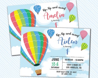 Digital Printable Hot Balloon Birthday Invitation.Girl Birthday. Boy Birthday Party