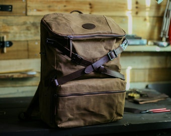 Waxed canvas backpack, waxed canvas bag, Vintage waxed rucksack, waxed backpack, laptop backpack, leather rucksack, camping backpack mens
