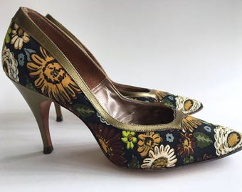 Vintage Pumps Henry Waters High Heels Vintage Green Floral Pumps 1960s Women's Shoes Vintage Pumps Vintage Designer