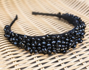 Black Crystal Headband, Beaded Hairpiece, Crystal Tiara, Prom Headband, Beaded Crown, Prom Costume, Cocktail Hairband, Beaded Headband,
