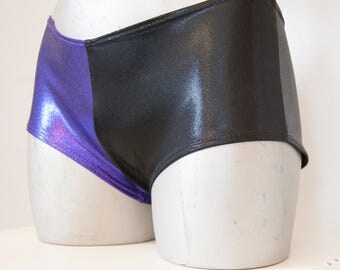 Harley Quinn shorts in metallic purple and black shiny lycra spandex , cheeky low rise suicide squad cosplay pants.