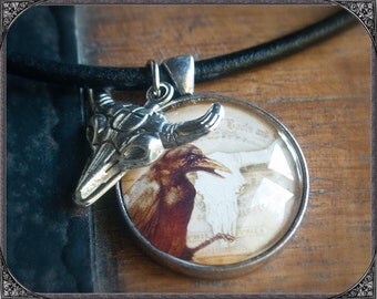 Western/Country Cabochon Necklace Ox Skull with Raven