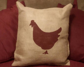 Burlap Chicken Pillow, Burlap Rooster Pillow, Chicken Silhouette Pillow, Farm Pillow, Rustic decor, Country Decor, Burlap, Primitive Decor