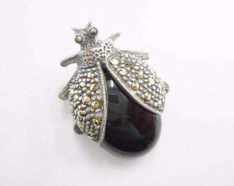 Beetle Brooch, Sterling Brooch, Silver Brooch, Vintage Brooch, Sterling Silver Black Onyx Marcasite Beetle Insect Brooch Pin #2990