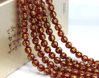 Natural Orange Carnelian OM Beads 8mm Mala Beads Mandra Beads 6MM 10MM Red Gold Om Beads Om Mani Padme Hum Gemstone Bead Meditation Beads