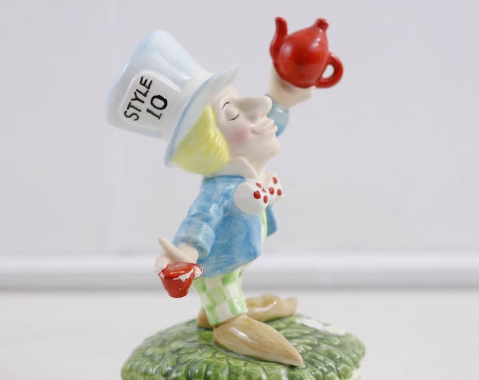 Vintage Mad Hatter music box by Schmid No. 371 JAPAN, Collectible porcelain Alice in Wonderland figurine, Tea for Two, rare collectible
