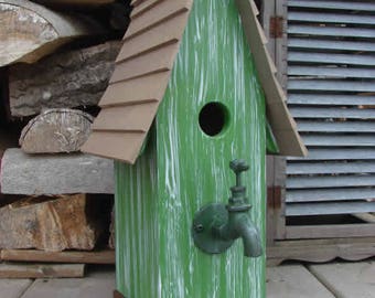 Faucet Green Bird House. Wooden Birdhouse, Painted Birdhouse, Outdoor Birdhouse, Rustic Birdhouse