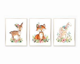 Nursery Art. Woodland Deer. Woodland Fox. Woodland Bunny. Printable Watercolor Nursery Prints. Baby Girl Printables. Nursery Art for girls.